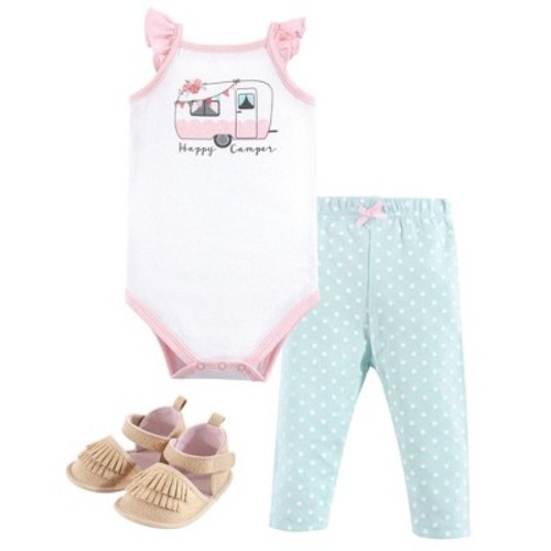 Hudson Baby Infant Girl Cotton Bodysuit, Pant and Shoe 3pc Set, Pink Happy Camper, 0-3 Months