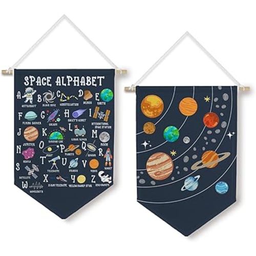 BlissfulAbon Space Alphabet Wall Canvas Banner, Space Nursery Decor, Cosmic Planets Alphabet Learning Wall Hanging Decor Pennant Flags for Boys Room Playroom Classroom, 11×15 Inch Set of 2