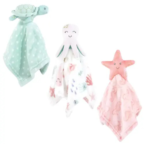 Hudson Baby Unisex Baby Animal Face Security Blanket, Pastel Sea 3-Pack, One Size