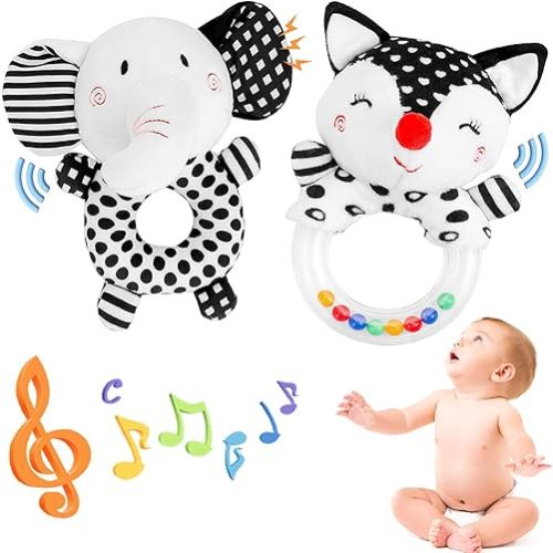Baby Rattle Newborn Toys 0-3 Months Black and White High Contrast Baby Toys for Newborn, Soft Rattles for Babies 0-6 Months Infant Sensory Development Toy 0 3 6 9 12 Months Baby Shower Gift