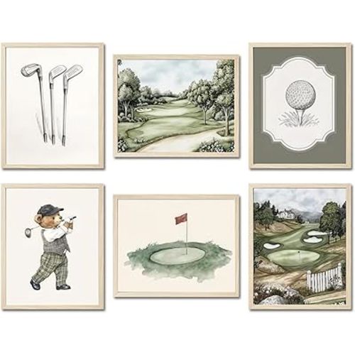 Mynotix Golf Nursery Canvas Poster Set of 6, Vintage Baby Boy Golf Sport Wall Art Teddy Bear Sage Green Kids Wall Decor Print for Living Room Bedroom Children's Room Unframed 12x16 inch