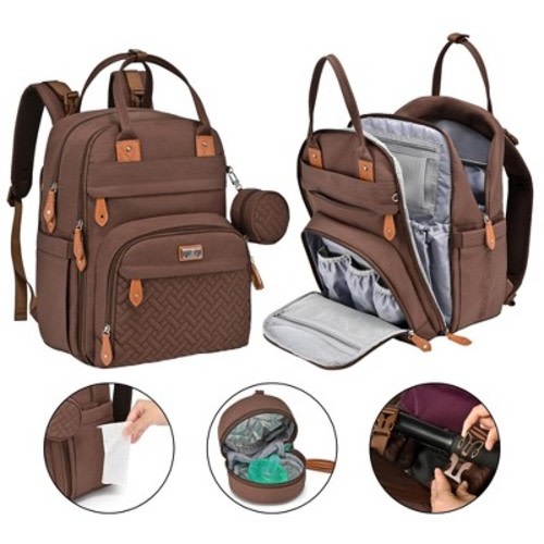 BabbleRoo Original Diaper Bag Backpack Stylish 26L Hands Free Baby Bag with Changing Pad, Stroller Straps & Water-Resistant, Pañaleras Brown, Large