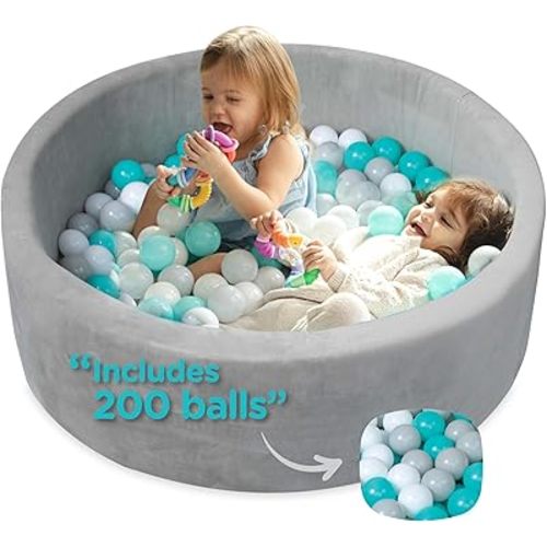 Nuby Velvet Ball Pit, Soft Play Foam Ball Pits for Baby and Toddlers with 200 Colored Balls Included, Ball Pit Playpen, Indoor Play Gym, Outdoor Play Ball Pit for Babies, Bounce Ball Game Aqua & Gray
