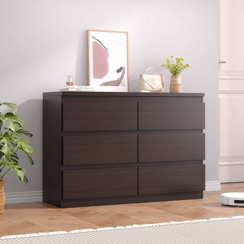 LAFGUR 6 Drawer Double Dresser,Wood Storage Organizer Cabinet Chest for Bedroom Living Room,Brown