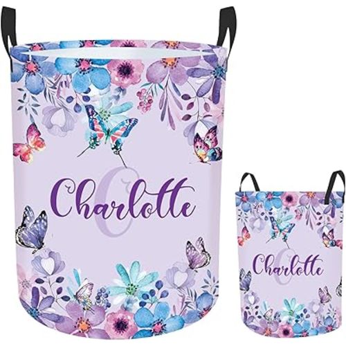 Personalized Baby Girl Laundry Hamper for Nursery, Custom Name Butterfly Laundry Baskets for Toddler Kids Adults, Personalized Gift Baby Name Laundry Hamper with Handles