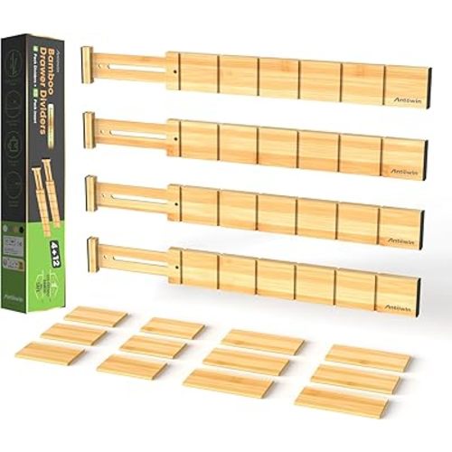 ANTOWIN 4 Pack Expandable Drawer Dividers, 2.2'' High, Extend from 17'' to 22'', Dresser Drawer Organizers, Bamboo Separators for Kitchen, Bedroom, Office, Bathroom, with 12 Pack Divider Inserts