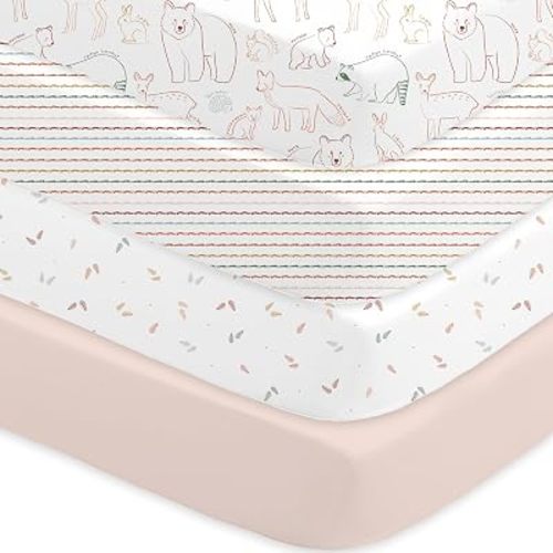 Crib Sheets 4 Pack, Baby Crib Sheets Fitted for Boys and Girls Breathable & Snug Fit, Soft Toddler Bed Sheets for Standard Crib Mattress Nursery Daycare Essentials, Animal Fun