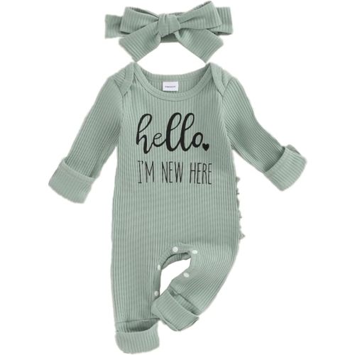 FIOMVA Im New Here Newborn Outfit Girl Long Sleeve Letter Romper Ribbed Knit Jumpsuit Baby Girl Preemie Coming Home Outfit