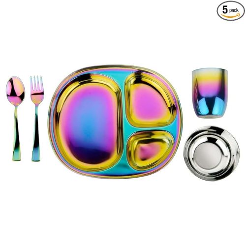 Ahimsa Stainless Steel Kids Dinnerware Set, Pediatrician Designed, 5 Piece Toddler Plates and Bowls Set, Stainless Steel Divided Plate, Cup and Kids Utensils, Rainbow