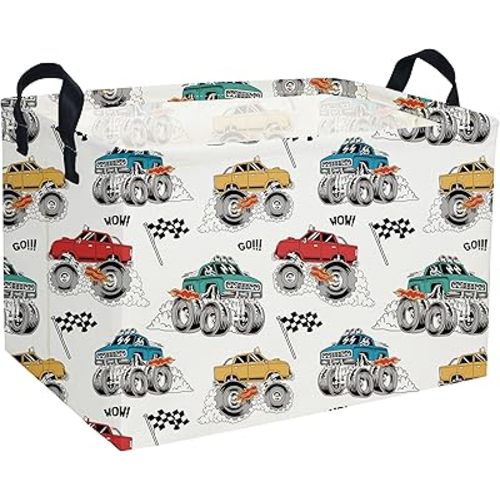 Essme Rectangular Monster Truck Baskets Boys Basket,Kids Storage Bins with Handles for Car Decor, Racing Storage Bin（Monster truck）