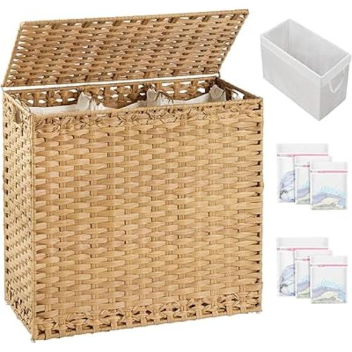 Laundry Hamper with Lid Laundry Basket 132 L (35 Gal) Wicker Clothes Hamper, Handwoven Rattan Hamper with Handles and 4 Removable Liner Bags, 6 Mesh Bags for Laundry Bedroom Natural