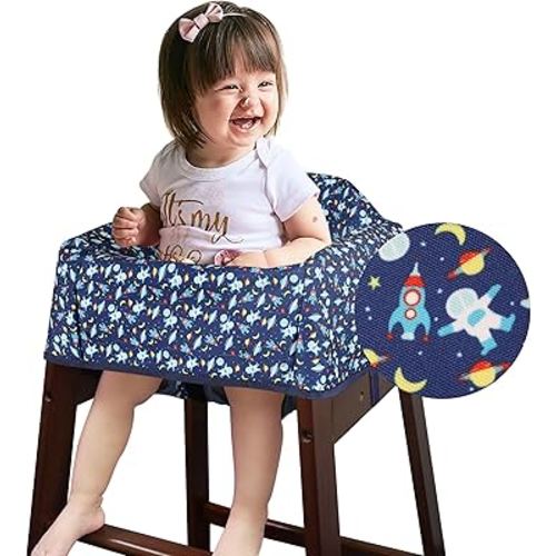 Dual-Belt High Chair Cover, Baby High Chair Cover, Upgrade Version, for Wooden or Restaurant High Chair, Sturdy and Robust Material, Blue Space
