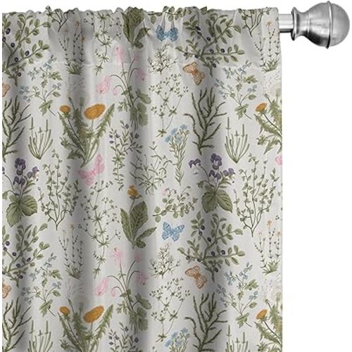 Ambesonne Floral Window Curtains Pack of 2, Vintage Garden Plants Herbs Flowers Botanical Classic Design Art, Lightweight Set with Rod Pocket, 4 Panels of - 28" x 84", Mustard Green