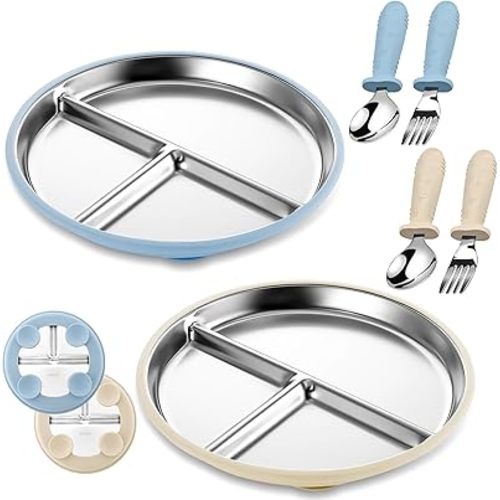 2 Packs Stainless Steel Baby Plates with Suction, 9" Divided Suction Plates for Baby with Forks/Spoons, Removable Silicone Sleeves BPA Free Stainless Steel Plates for Kids Microwave Dishwasher Safe