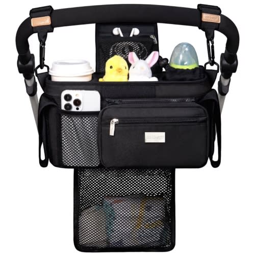 TOPDesign Universal Baby Stroller Organizer, Stroller Caddy with Detachable Mesh Bag & Heightened Insulated Cup Holders & Non-Slip Secure Hooks Accessories, Fits Most Strollers (Black)