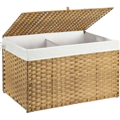 Greenstell Storage Basket with Lid, 160L Handwoven Large Shelf Basket with Cotton Liner and Metal Frame, Foldable & Easy to Install, Storage Box Basket Bin with Handle for Bedroom,Laundry Room,Natural