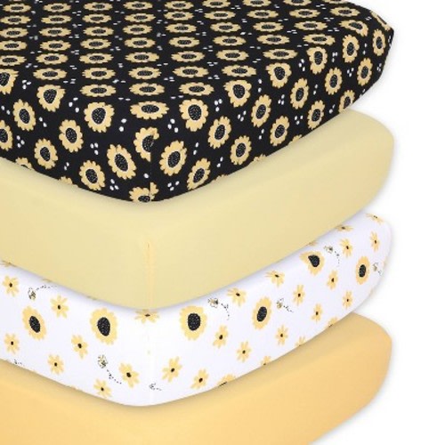 The Peanutshell Fitted Crib Sheets For Girls, Yellow And Black Sunflower - 4pk