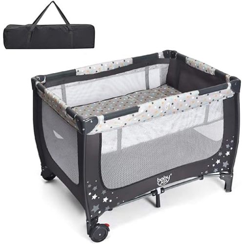 BABY JOY Portable Crib Baby Playard, Double Layer Pack and Play with Breathable Mattress, Lightweight Installation-Free Home Baby Playpen with Carry Bag, Foldable Travel Crib from Newborn to Toddlers