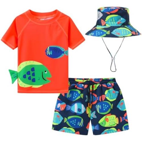 Baby-Boys Toddler Long Sleeved Rashguard Swim Bathing Suit and Sun Hat Set