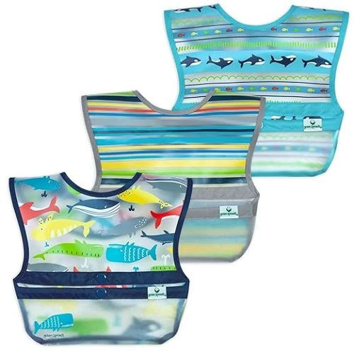 green sprouts Snap + Go Wipe-off Bibs Waterproof Easy Clean Catch-all Pocket Made without PVC Formaldehyde, Blue Whales, 9-18 Month, 3 Count(Pack of 1)