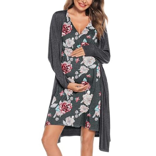 SWOMOG Women Maternity Nursing Gown and Robe Set 3 in 1 Labor Delivery Nursing Nightgown for Breastfeeding Hospital Bathrobe