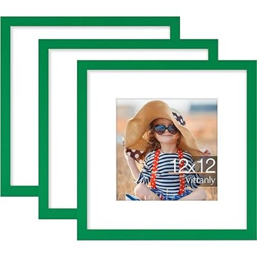 Vittanly 12x12 Picture Frame Set of 3, Display Pictures 8x8 with Mat or 12x12 without Mat for Wall Mounting, Photo Frames for Home Decor, Engineered Wood, Green