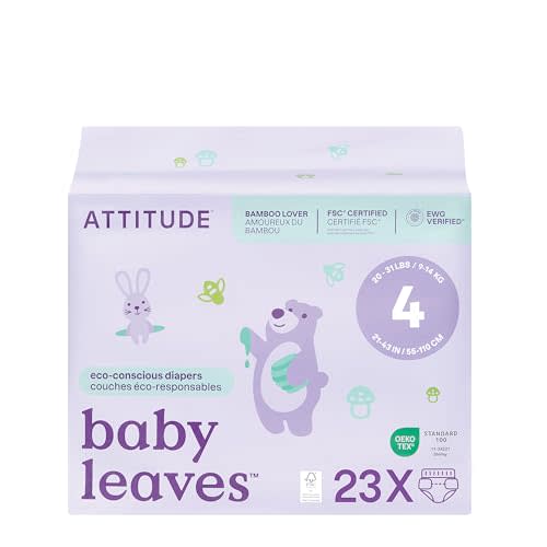 ATTITUDE Eco-Conscious Disposable Diapers, EWG Verified, Size 4 (20-31 lbs), Ultra Absorbent for Baby, Vegan & Plant-Based, 23 Count