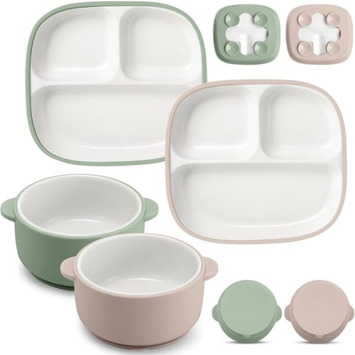 4 Pcs Square Porcelain Kid Plate and Bowl Set with Suction