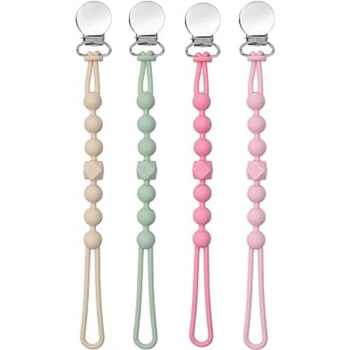 Pacifier Clip for Boys Girls - MORIBOX Silicone Paci Clip Teething Relief with One Piece Baby Binky Holder for Shower Birthday Gift 4 Pack