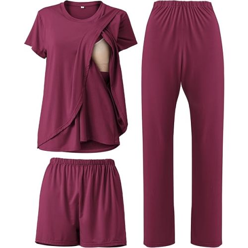 Rnxrbb 3 Piece Postpartum Nursing Pajamas Set Casual Soft Maternity Breastfeeding Pjs Sleepwear Loungewear Clothes Layer