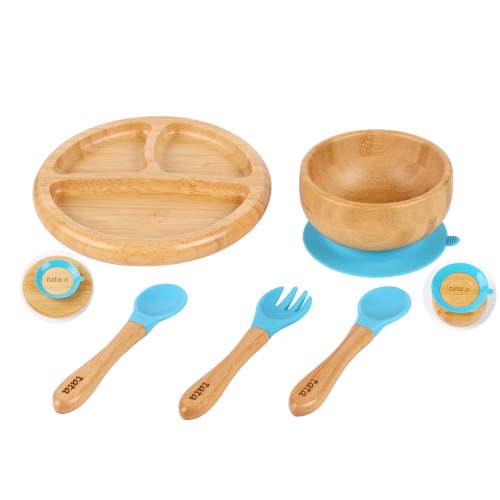 TATA AMG ® Baby Bamboo Plate and Bowl Set with Spoons and Fork, Silicone Suction Plate and Bowl Set for Toddlers - Baby Led Weaning Bamboo Feeding Set - BPA Free