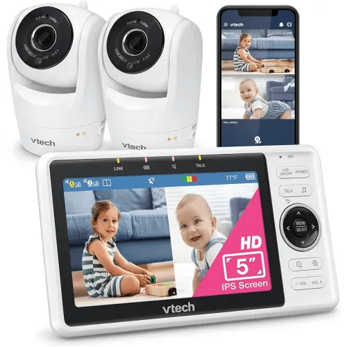 VTech Upgraded 2-Cameras Smart WiFi Baby Monitor with 1080p FHD Video and 5" HD Screen, Free App with Motion Video, Sound/Motion Detection and Notifications, Split-Screen, Pan-Tilt-Zoom: VM901-2HD