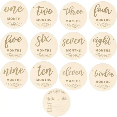 12pcs Wooden Baby Monthly Milestone Cards,Pregnancy and Baby Growth Monthly Milestone Wood Discs,Milestone for Baby Boy,Months Signs Milestone for Baby Girl,Fathers Day Gift,Plant Pattern Double Sides