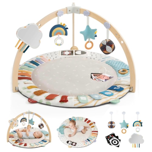 Blissful Diary Baby Play Gym & Activity Mat, 5 Developmental Zones Wooden Tummy Time Mat with 6 Detachable Sensory Toys for Motor Skills & Sensory Development, Baby Essentials Shower Gift