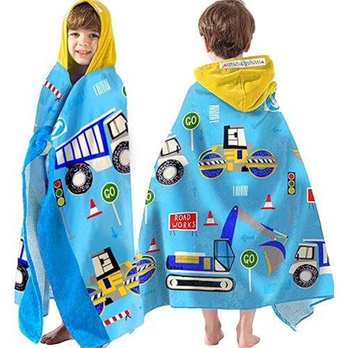 VOOVA & MOVAS Kids Towels Age 3-10, 30''X50, Soft | Thick | 100% Cotton, Large Absorbent Beach, Bath, Pool, Swim Towels | Cover up for Boys | Excavator Vehicle