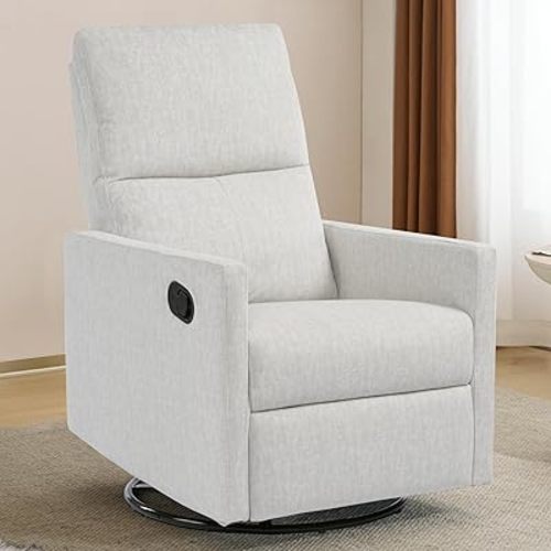 Swivel Rocking Recliner Chair for Adults, Rocker Nursery Glider Chair for Living Room Bedroom, Upholstered Fabric Reclining Single Sofa Chair(Beige)