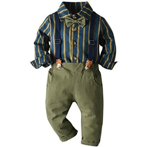 IDOPIP Toddler Kids Baby Boys 1st Christmas Outfit Gentleman Striped Shirt with Bowtie +Long Suspender Pants Overalls Clothes