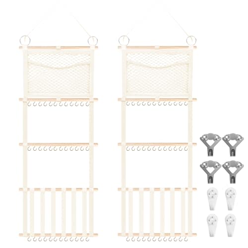 Munzong Headband Holder 52x17 inch, 2 Pack Hair Bow Organizer for Baby Girls, Beige Wall Hanging Headband Organizers w/Storage Net, Hair Accessories Storage Hanger for Toddler Kids Nursery Room Decor