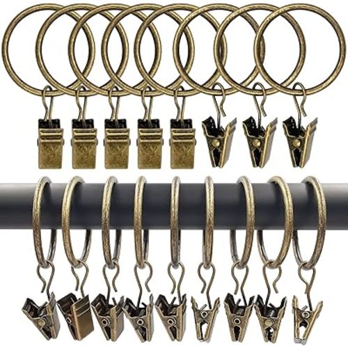 100 Pack Curtain Rings with Clips, Curtain Clip Rings Hooks, Bow Hanger Clips for Hanging Drapery Drapes Bows, Ring 1.26 inch Interior Diameter, Fits up to 1" Rod, Bronze