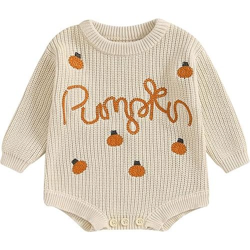 Baby Girl Boy Cute Pumpkin Letter Embroidery Long Sleeve Sweater Romper Infant Newborn Halloween Outfits