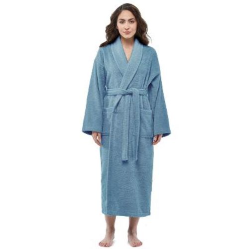 Arus Women's Turkish Terry Cotton Robe, Shawl Collar Bathrobe , Hazy Blue , Large/X Large
