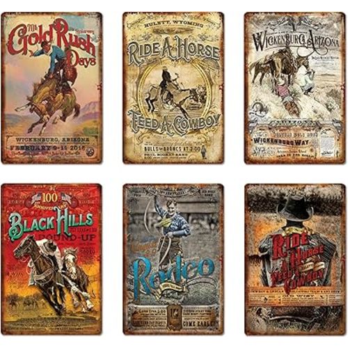 Fcimu 6 Pieces Rustic Western Cowboy Tin Wall Sign - Vintage Retro Cowboy Code Decor for Bedroom, Western Wall Art for Garage Bar Coffee Kitchen Home Wall decoration, 12 x 8 inch