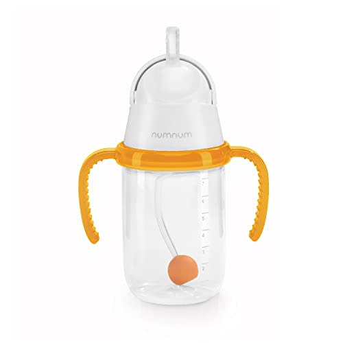 NumNum Weighted Straw Cup for Infant & Toddler 6-12 months - Expert Endorsed - 7oz Training Baby Cups w/Removable Handles - Easy to Use Self Feeding & Drinking Skills - Food-Grade Silicone (Orange)