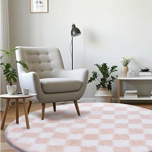 Super Soft Rug, Round Rug for Bedroom, 4X4 Ft Pink and White Checkered Round Rug Non-Slip High Pile Cute Soft Fluffy Rug for Living Room Bedroom Kids Room