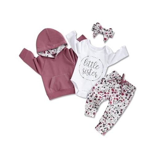 oklady Baby Girl Clothes,Little Sister Romper Hoodie Tops Floral Pant with Cute Headband 4PCS Baby Girl Fall Outfits