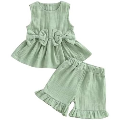 Kupretty Toddler Girl Summer Clothes Baby Solid Linen Outfit Bows Ruffle Tank Tops Shirts + Ruffled Short Set