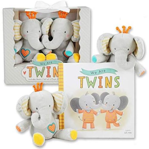 Tickle & Main, We are Twins - Baby and Toddler Twin Gift Set- Includes Keepsake Book and Set of 2 Plush Elephant Rattles for Boys and Girls. Perfect for Newborn Infant