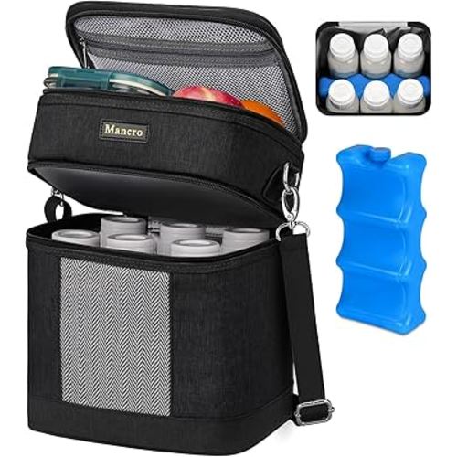 Mancro Breastmilk Cooler Bag for Travel with Ice Pack, Double Layer Baby Bottle Bag with Shoulder Strap for Daycare and Nursing Moms,Fit 6 Baby Bottles up to 9 Ounces, Black