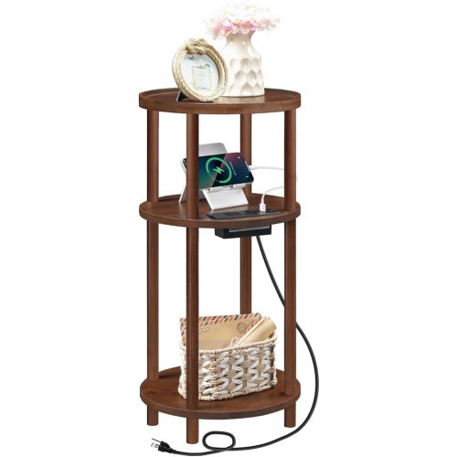 HOOBRO Small Round Side Table with Charging Station, 3-Tier Round Bamboo End Table, Compact Sofa Bedside Table for Small Space, Easy Assembly, for Living Room, Bedroom, Apartment, Mocha MA152UBZ01