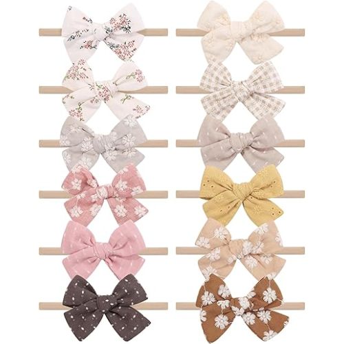 doboi 12PCS Baby Girls Headbands Hair Bows Nylon Linen Hairbands Handmade Hair Accessories for Newborn Infant Toddlers Little Girl and Kids 3.5Inches
